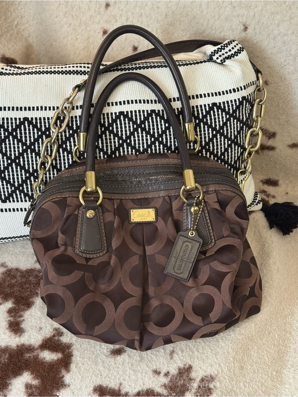 Coach Brown Signature Jacquard Satchel with Gold Hardware shoulder/crossbody